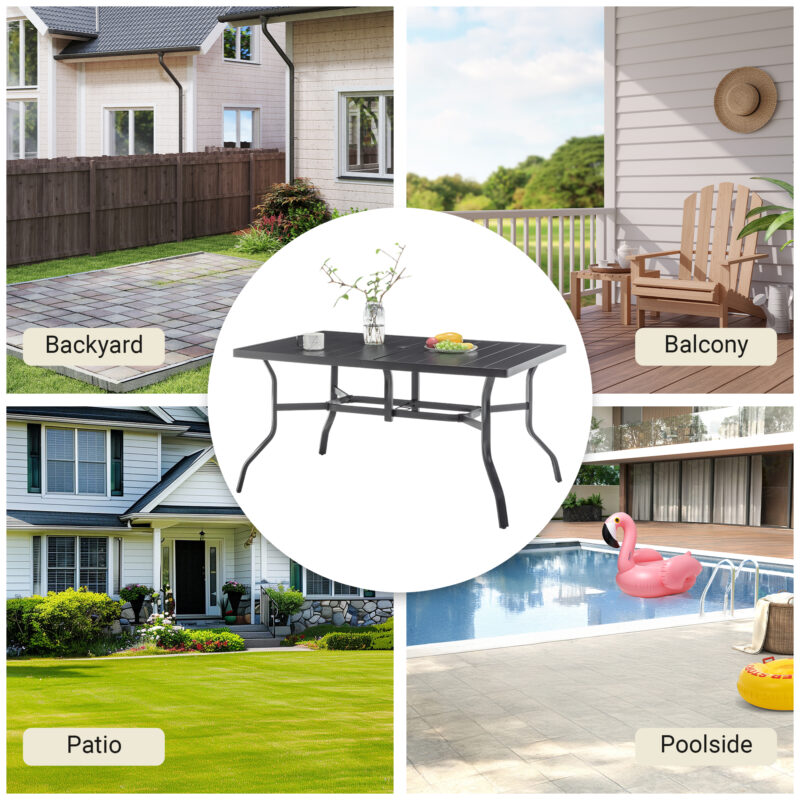 Outdoor Dining Table for 6, Powder-Coated Steel Slat Top with 2.16" Umbrella Hole, Anti-Slip Pads, E-Coating Frame, All-Weather Black Patio Table for Garden, Poolside, Backyard - Image 5
