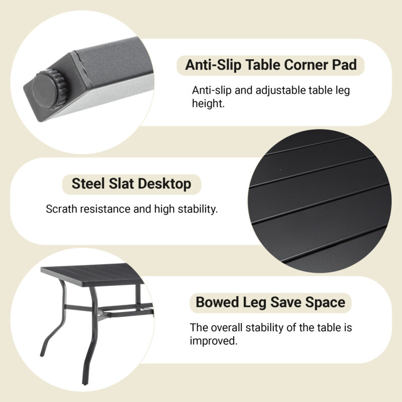 Outdoor Dining Table for 6, Powder-Coated Steel Slat Top with 2.16" Umbrella Hole, Anti-Slip Pads, E-Coating Frame, All-Weather Black Patio Table for Garden, Poolside, Backyard - Image 7