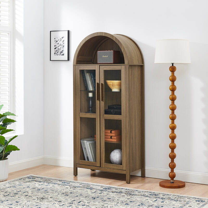 A high arched storage cabinet with a lamp, a modern retro-style wooden storage cabinet with adjustable glass partitions, suitable for use as a multi-functional cabinet in kitchens-Black - Image 8