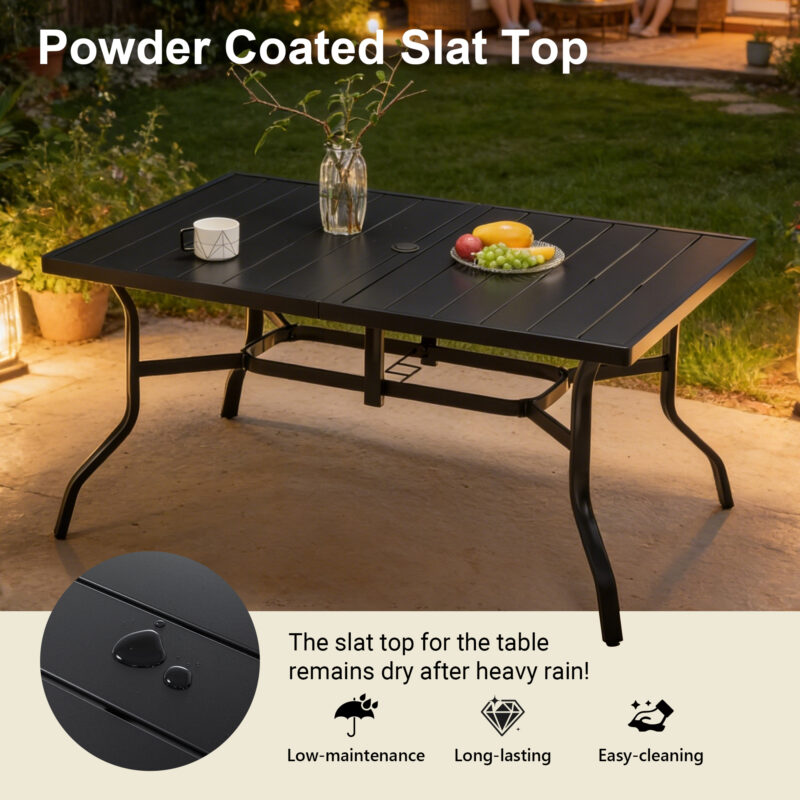Outdoor Dining Table for 6, Powder-Coated Steel Slat Top with 2.16" Umbrella Hole, Anti-Slip Pads, E-Coating Frame, All-Weather Black Patio Table for Garden, Poolside, Backyard - Image 2