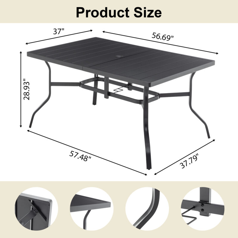 Outdoor Dining Table for 6, Powder-Coated Steel Slat Top with 2.16" Umbrella Hole, Anti-Slip Pads, E-Coating Frame, All-Weather Black Patio Table for Garden, Poolside, Backyard - Image 8