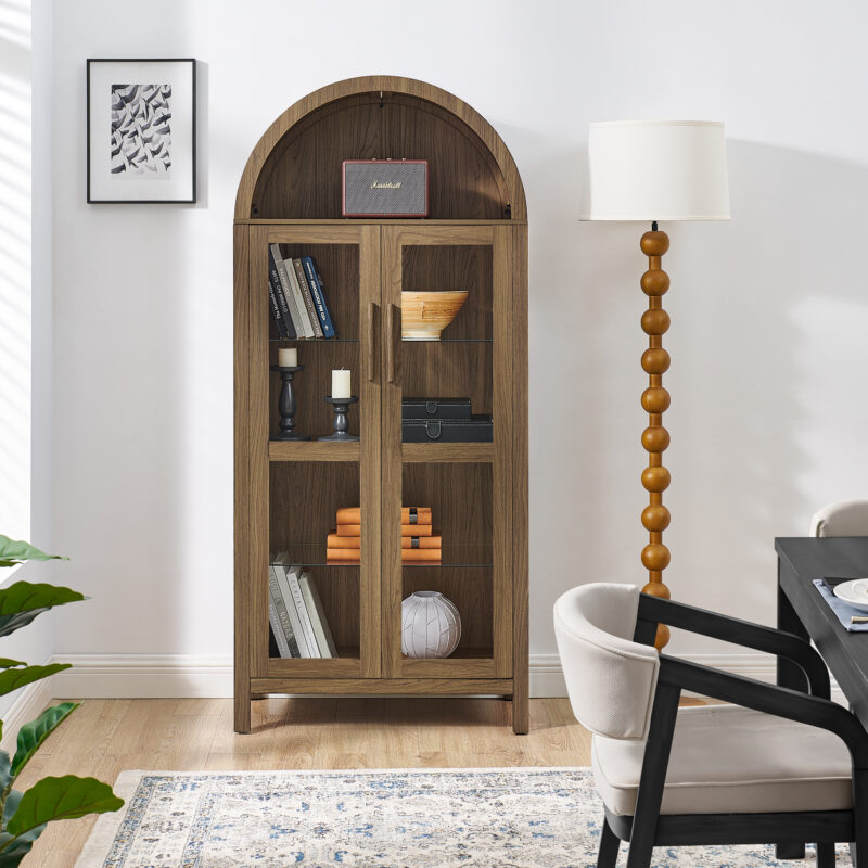 A high arched storage cabinet with a lamp, a modern retro-style wooden storage cabinet with adjustable glass partitions, suitable for use as a multi-functional cabinet in kitchens-Black - Image 10