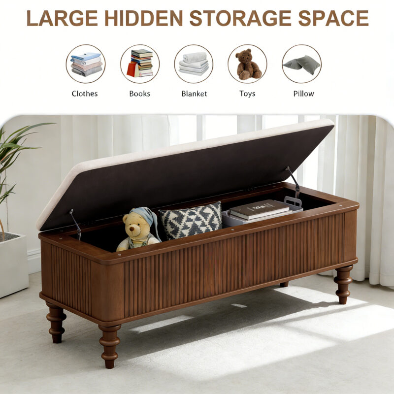 50.8-inch Multi-Functional Storage Ottoman Bench-Solid Rubberwood Bed End Bench with Linen Seat, Storage Bench for Bedroom, Entryway Shoe Organizer for Bedroom, Living Room, Entryway, Closet, Natural - Image 15