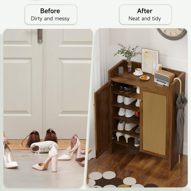 42.5" Tall Rattan Shoe Cabinet with Doors, 6-Tier Shoe Storage Cabinet with Adjustable Shelves, Wooden Freestanding Shoe Organizer Shoe Cabinet for Entryway,Hallway,Living Room - Image 16