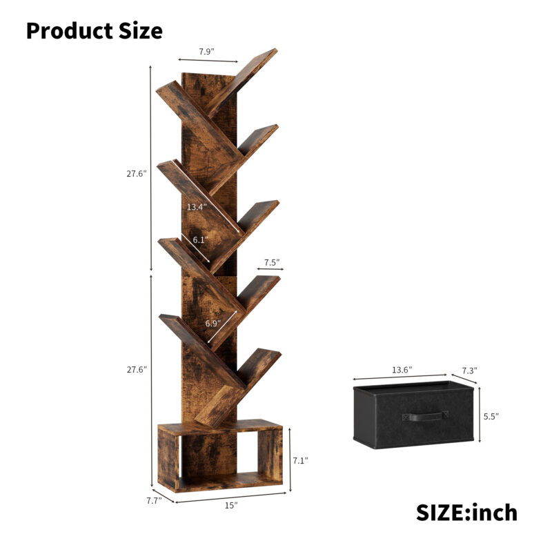 9 Tier Tree Bookshelf with Drawer Bookcase, Modern Book Storage, Free Standing Tree Bookcase, Utility Organizer Shelves for Home Office, Living Room, Bedroom, Rustic Brown - Image 9