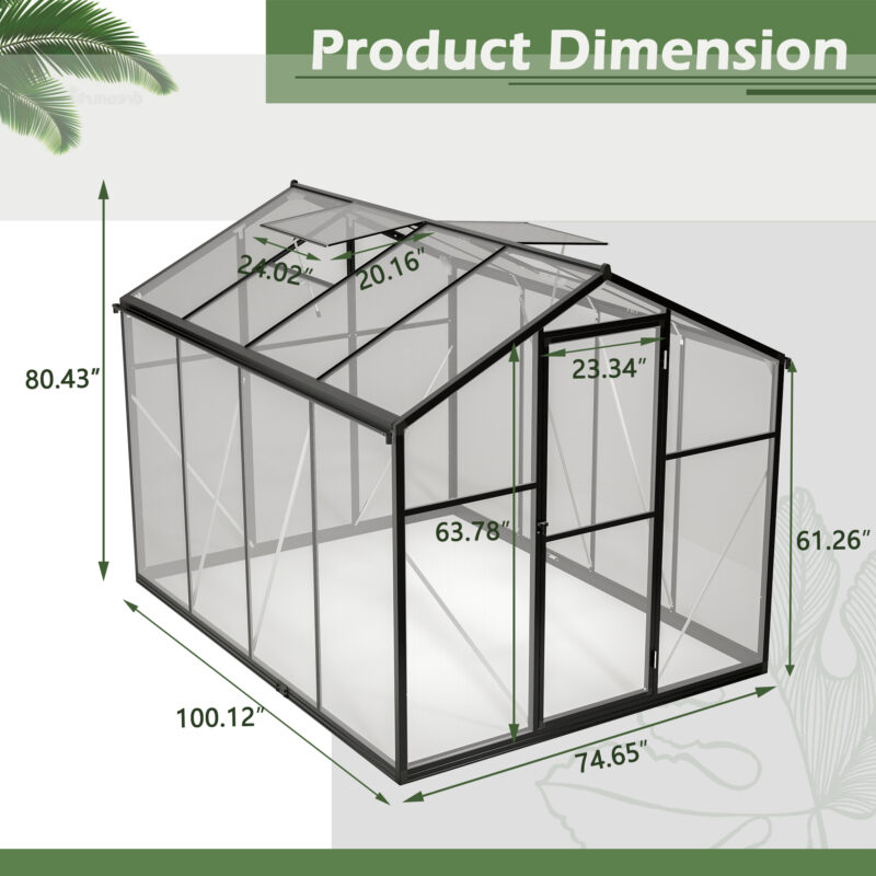 6x8 FT Greenhouse for Outdoors, Polycarbonate Greenhouse with Quick Setup Structure and Roof Vent, Aluminum Large Walk-in Greenhouse for Outside Garden Backyard, Black - Image 2