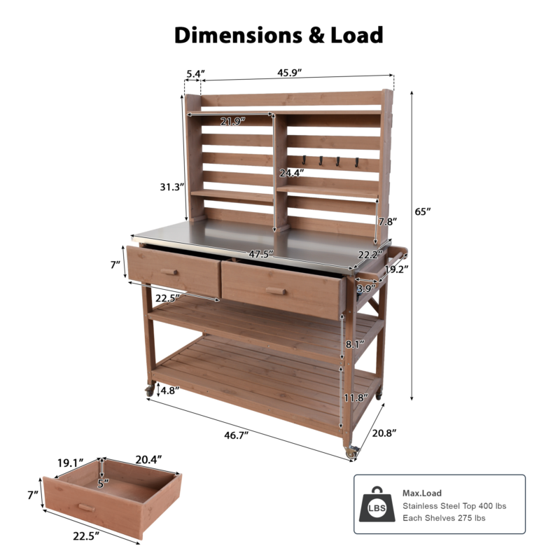 K&K 64.9"H Outdoor Potting Bench Table with Lockable Wheels, Solid Wood Outdoor Kitchen Island with Upper Hutch, Stainless Steel Top, Towel Rack ,Outdoor Storage for Grilling, Lawn Garden -Grey Blue - Image 40