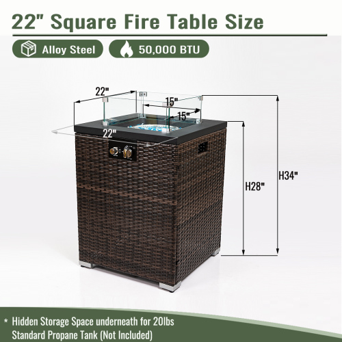 22" Propane Gas Fire Pit Table, 50000 BTU Square Steel Fire Pit with Beautiful Wicker Base for Outside Patio Deck Garden Backyard-Dark Brown
