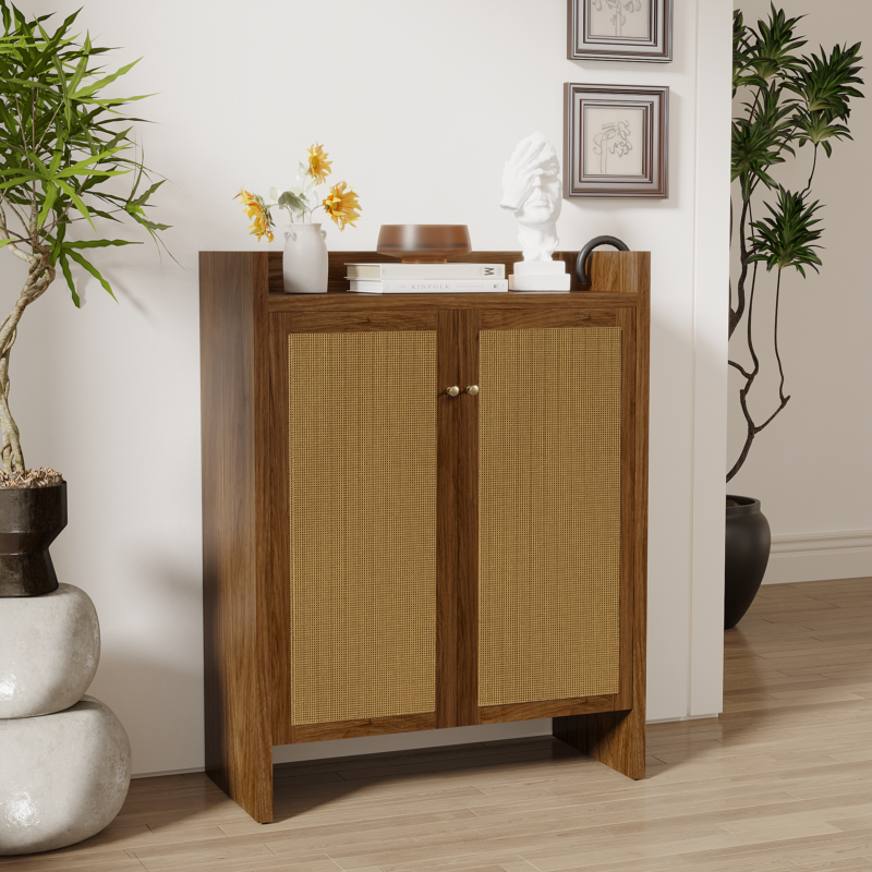42.5" Tall Rattan Shoe Cabinet with Doors, 6-Tier Shoe Storage Cabinet with Adjustable Shelves, Wooden Freestanding Shoe Organizer Shoe Cabinet for Entryway,Hallway,Living Room - Image 14