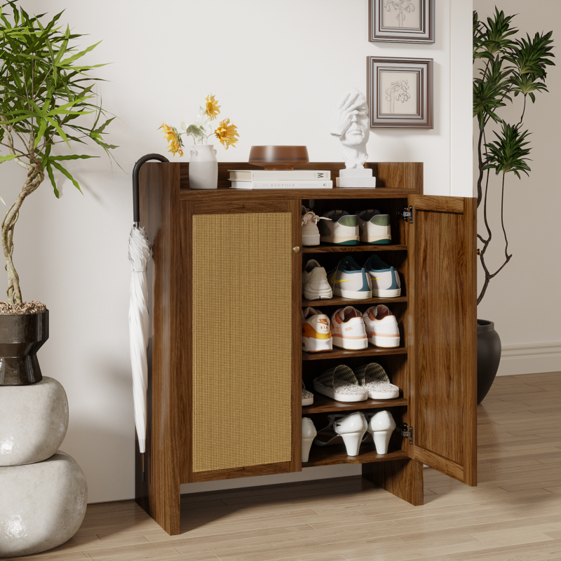 42.5" Tall Rattan Shoe Cabinet with Doors, 6-Tier Shoe Storage Cabinet with Adjustable Shelves, Wooden Freestanding Shoe Organizer Shoe Cabinet for Entryway,Hallway,Living Room - Image 15