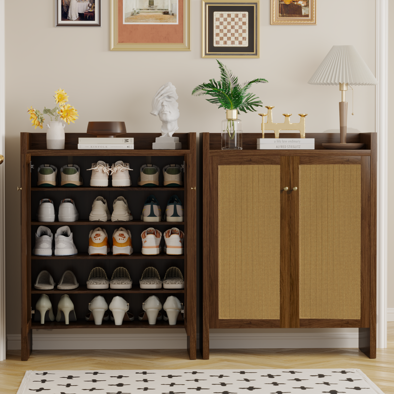 42.5" Tall Rattan Shoe Cabinet with Doors, 6-Tier Shoe Storage Cabinet with Adjustable Shelves, Wooden Freestanding Shoe Organizer Shoe Cabinet for Entryway,Hallway,Living Room - Image 12