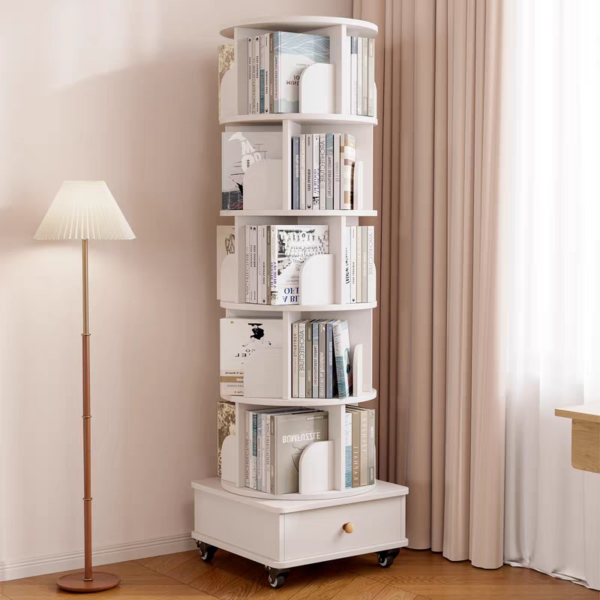 (UPGRADED) Rotating Bookshelf, 360 Display Corner Bookshelf for Small Space, 6 Tier Bookcase Storage Rack with Wheels, Wood Narrow Organizer for Bedroom, Living Room, Study Room, Walnut Brown