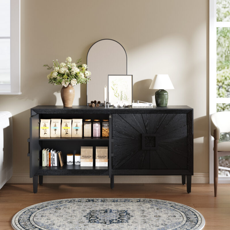 60" Premium Rustic American Farmhouse Credenza in Elegant Black - Symmetrical Sunburst Door Design, Heavy-Duty TV Stand with Adjustable Shelves, Black Wood Storage Cabinet - Image 10
