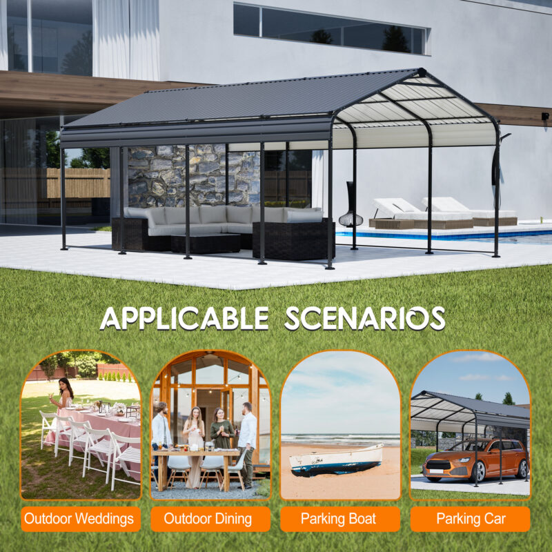 12X20 FT Metal Carport, Outdoor Car Shelter All Weather, Heavy Duty Outdoor Galvanized Car Shelter for Car Boat Truck and SUVs Black - Image 14