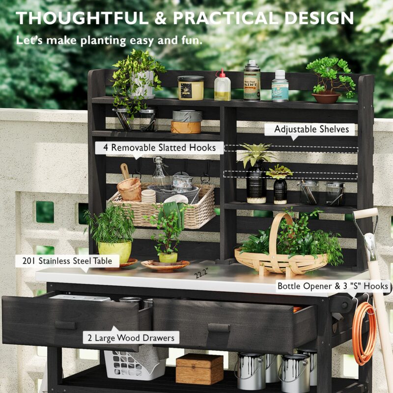 K&K 64.9"H Outdoor Potting Bench Table with Lockable Wheels, Solid Wood Outdoor Kitchen Island with Upper Hutch, Stainless Steel Top, Towel Rack ,Outdoor Storage for Grilling, Lawn Garden -Grey Blue - Image 33