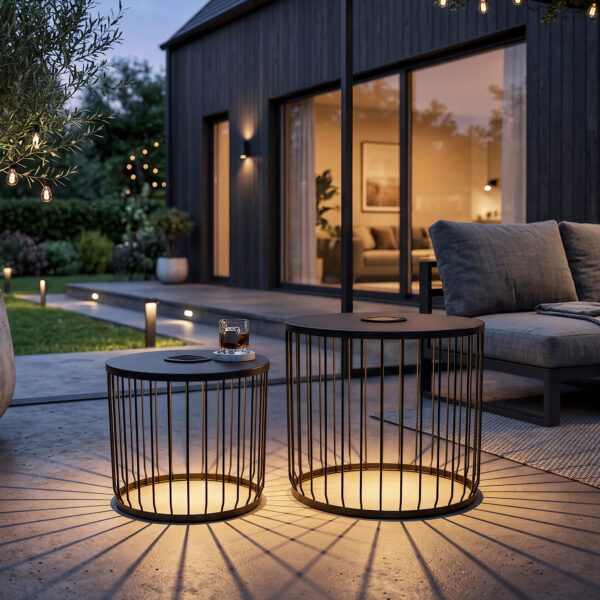 2-Pack Solar Powered Nesting Side Table Set, Modern Round End Tables with Solar LED Lights, Metal Wire Cage Accent Tables, Indoor/Outdoor Patio Nightstand for Living Room, Balcony, Garden, Matte Black