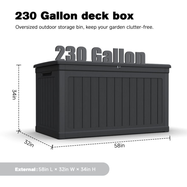 230 Gallon Large Outdoor Storage XXL Deck Box for Patio Furniture, Outdoor Cushions, Garden Tools and Sports/Pools Equipment, Waterproof Resin, Lockable, Black