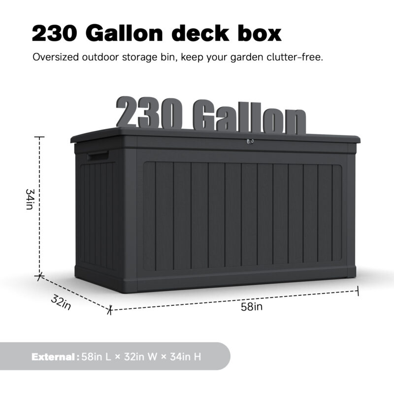 230 Gallon Large Outdoor Storage XXL Deck Box for Patio Furniture, Outdoor Cushions, Garden Tools and Sports/Pools Equipment, Waterproof Resin, Lockable, Black - Image 3