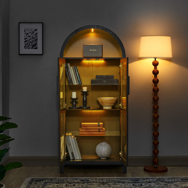 A high arched storage cabinet with a lamp, a modern retro-style wooden storage cabinet with adjustable glass partitions, suitable for use as a multi-functional cabinet in kitchens-Black - Image 2