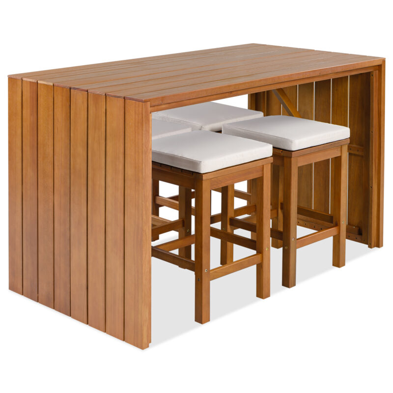 5 Piece Outdoor Bar Set, Patio Acacia Wood Bar Height Table & Four Stools with Cushions, Wood Dining Bar Set for Backyard, Poolside, Balcony, Beige Cushion and Natural Wood - Image 7