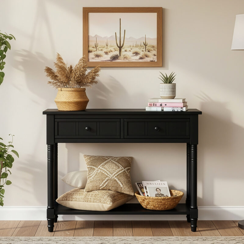 TREXM Daisy Series Console Table Traditional Design with Two Drawers and Bottom Shelf (Black) - Image 7