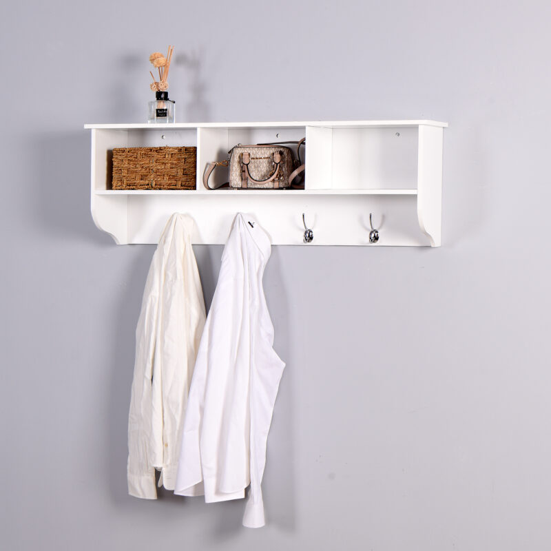 White Entryway Wall Mounted Coat Rack with 4 Dual Hooks Living Room Wooden Storage Shelf - Image 4