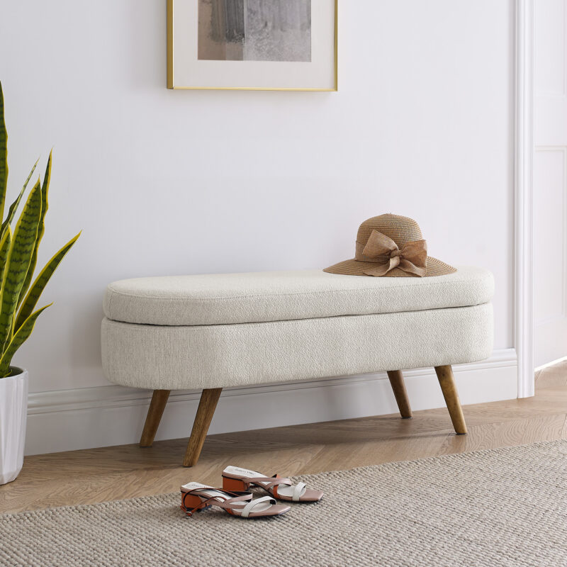 Ottoman Oval Storage Bench,Rubber Wood Legs, Beige(43.5"x16"x16") - Image 15