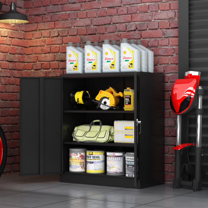 Metal Storage Cabinet with 2 Doors and 2 Shelves, Lockable Steel Storage Cabinet for Office, Garage, Warehouse - Image 2