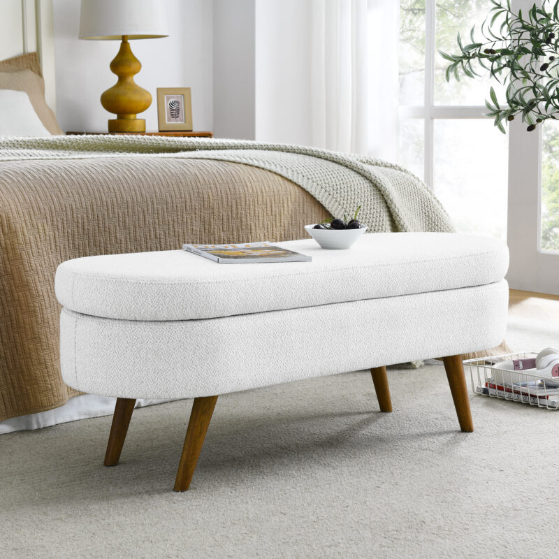 Ottoman Oval Storage Bench,Rubber Wood Legs, Beige(43.5"x16"x16") - Image 3