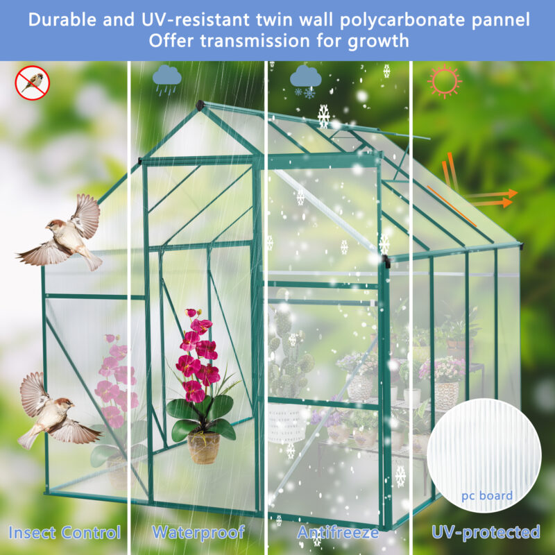 6x8 FT Polycarbonate Greenhouse Raised Base and Anchor Aluminum Heavy Duty Walk-in Greenhouses for Outdoor Backyard in All Season - Image 13