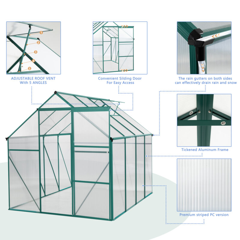 6x8 FT Polycarbonate Greenhouse Raised Base and Anchor Aluminum Heavy Duty Walk-in Greenhouses for Outdoor Backyard in All Season - Image 11