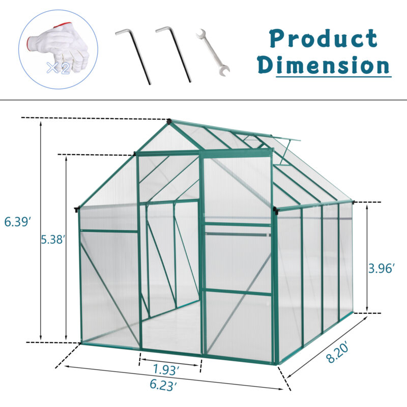 6x8 FT Polycarbonate Greenhouse Raised Base and Anchor Aluminum Heavy Duty Walk-in Greenhouses for Outdoor Backyard in All Season - Image 15