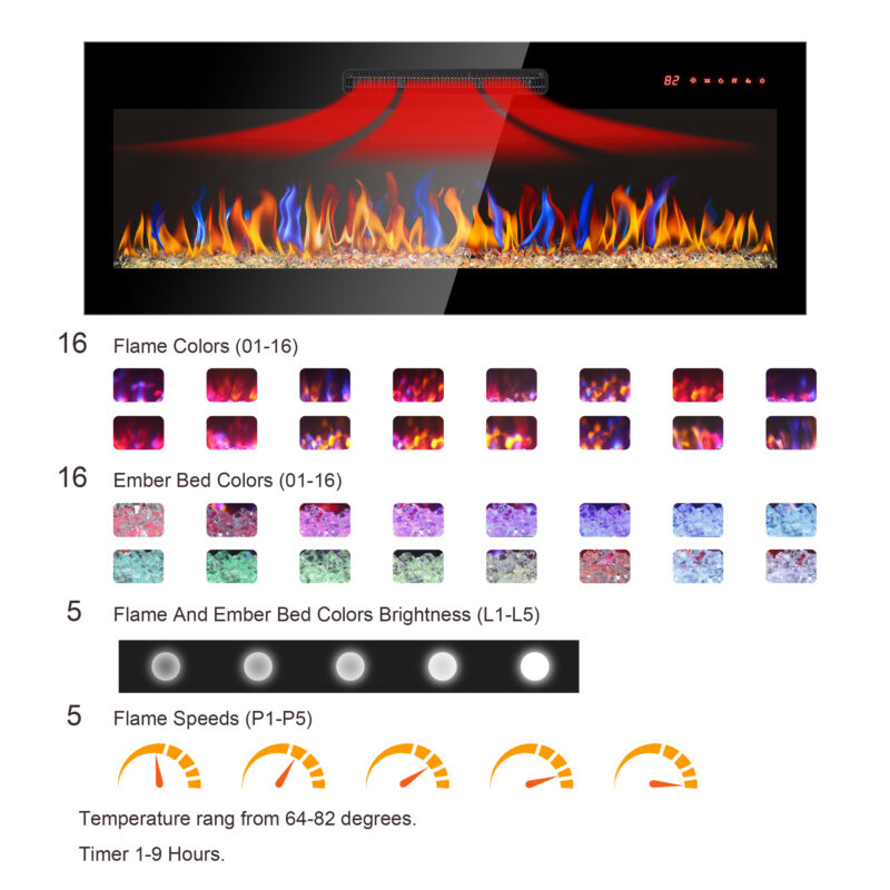 42 inch recessed ultra thin tempered glass front wall mounted electric fireplace with remote and multi color flame & emberbed, LED light heater - Image 8