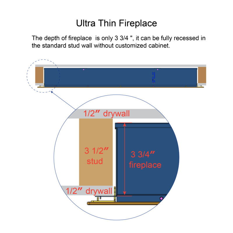 42 inch recessed ultra thin tempered glass front wall mounted electric fireplace with remote and multi color flame & emberbed, LED light heater - Image 7