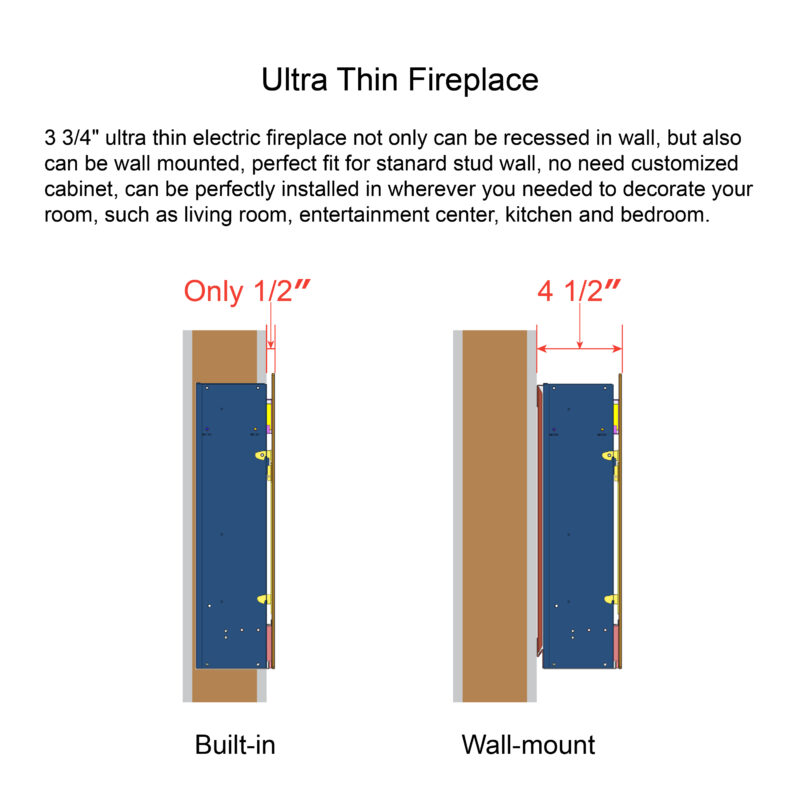42 inch recessed ultra thin tempered glass front wall mounted electric fireplace with remote and multi color flame & emberbed, LED light heater - Image 6