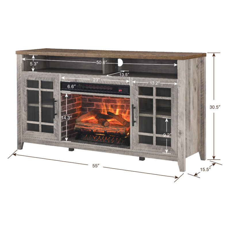 55 inch TV Media Stand with Electric Fireplace KD Inserts Heater,Gray Wash Color - Image 6