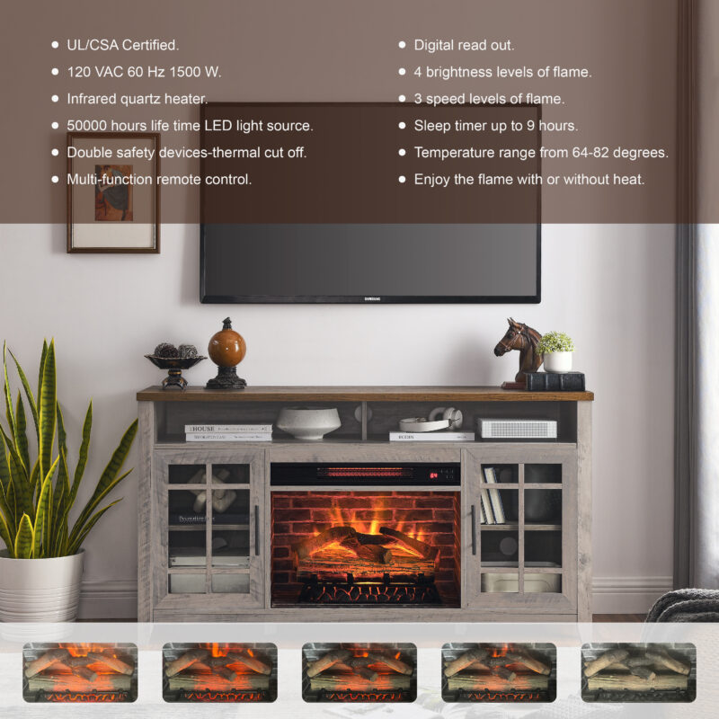 55 inch TV Media Stand with Electric Fireplace KD Inserts Heater,Gray Wash Color - Image 2