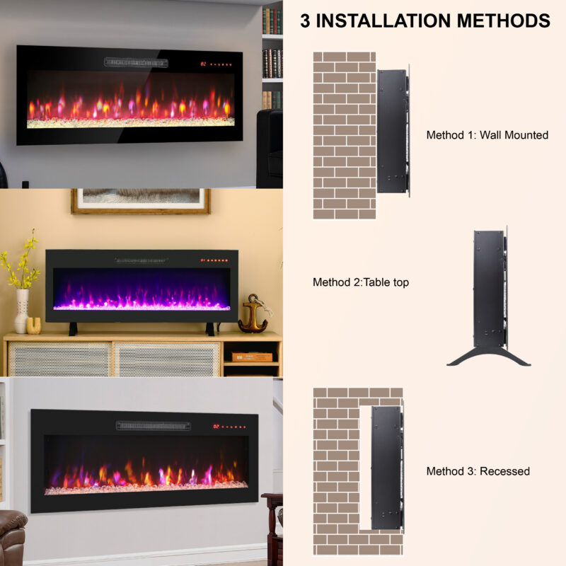42 inch recessed ultra thin tempered glass front wall mounted electric fireplace with remote and multi color flame & emberbed, LED light heater - Image 4