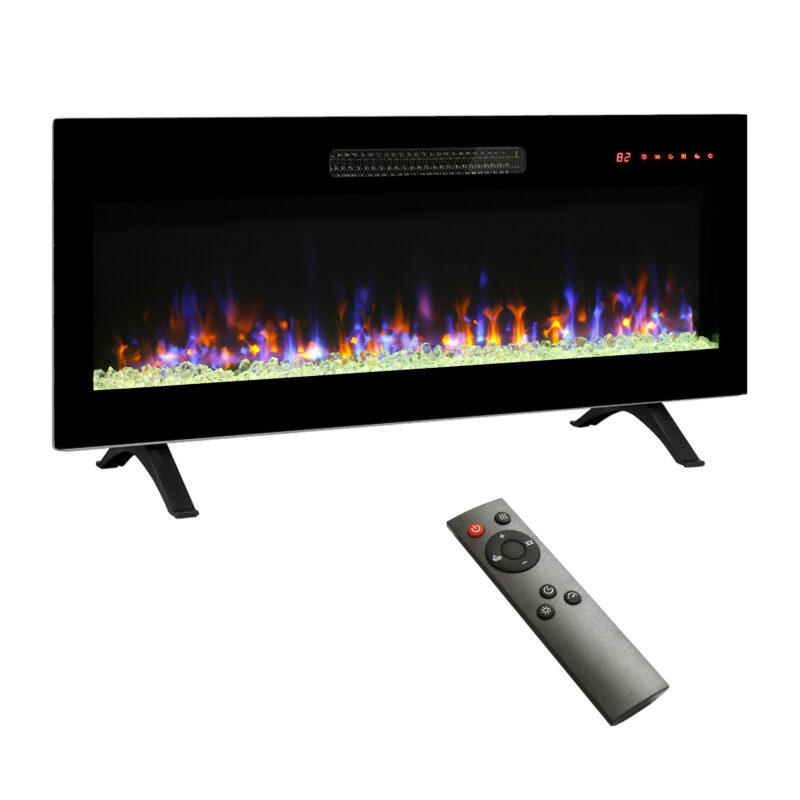 42 inch recessed ultra thin tempered glass front wall mounted electric fireplace with remote and multi color flame & emberbed, LED light heater - Image 2