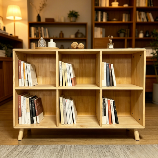 6 Cube Wooden Storage Shelf, Freestanding Open Bookcase with Legs, Natural Solid Wood Cubby Organizer for Living Room, Bedroom, Office, Entryway