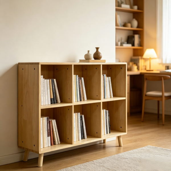 6 Cube Wooden Storage Shelf, Freestanding Open Bookcase with Legs, Natural Solid Wood Cubby Organizer for Living Room, Bedroom, Office, Entryway