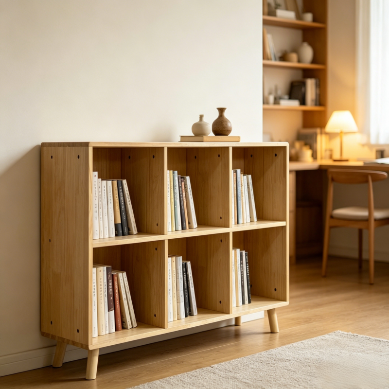 6 Cube Wooden Storage Shelf, Freestanding Open Bookcase with Legs, Natural Solid Wood Cubby Organizer for Living Room, Bedroom, Office, Entryway - Image 2