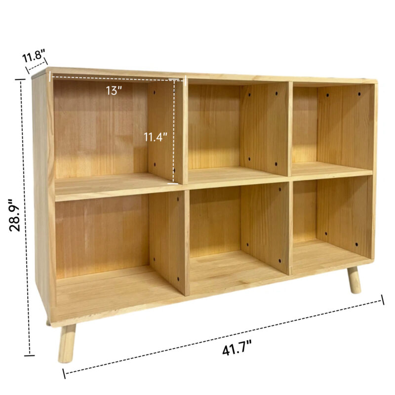 6 Cube Wooden Storage Shelf, Freestanding Open Bookcase with Legs, Natural Solid Wood Cubby Organizer for Living Room, Bedroom, Office, Entryway - Image 7
