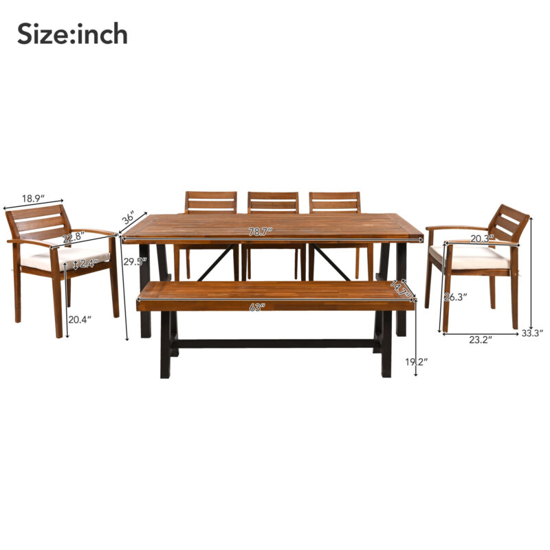 GO Outdoor Wood Dining Set For 7-8 Person, Outdoor Dining Furniture With Removable Cushions, Ergonomic Chairs And Bench, Thicker Table, Nature - Image 13