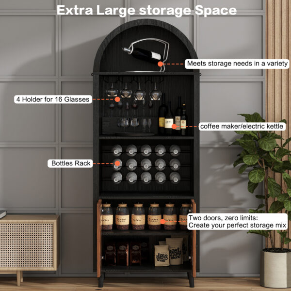 71"Farmhouse Arched Wine Bar Cabinet: tall arched display cabinet , arch black cabinets &coffee bar, whiskey station with wine rack and Wine Glass Holder - Liquor Bars Cabinet for Living Dining Room