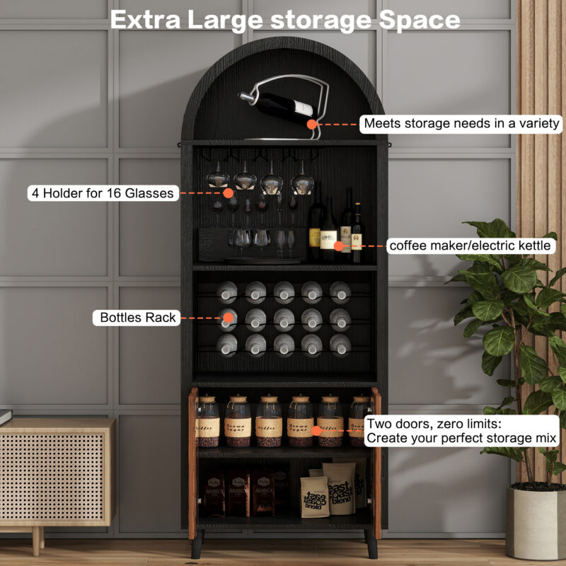 71"Farmhouse Arched Wine Bar Cabinet: tall arched display cabinet , arch black cabinets &coffee bar, whiskey station with wine rack and Wine Glass Holder - Liquor Bars Cabinet for Living Dining Room - Image 3