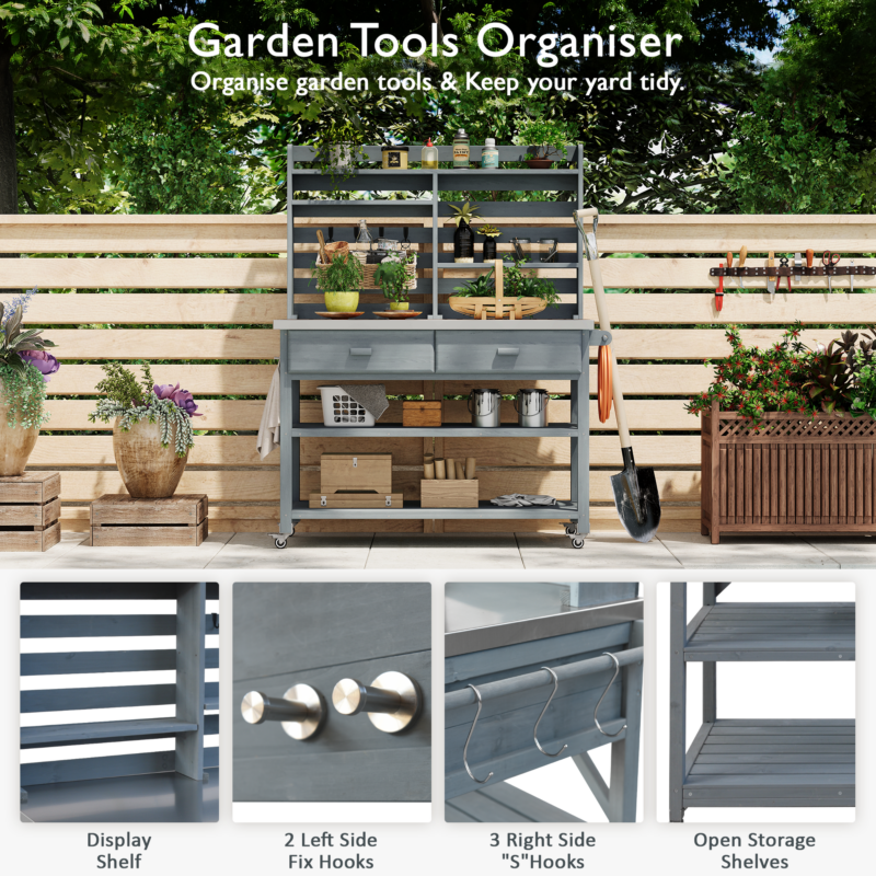 K&K 64.9"H Outdoor Potting Bench Table with Lockable Wheels, Solid Wood Outdoor Kitchen Island with Upper Hutch, Stainless Steel Top, Towel Rack ,Outdoor Storage for Grilling, Lawn Garden -Grey Blue - Image 7