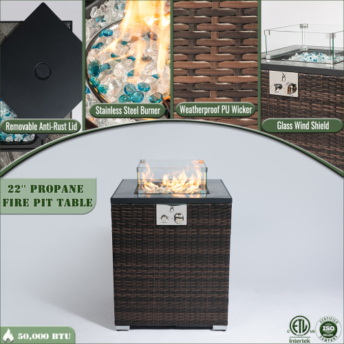 22" Propane Gas Fire Pit Table, 50000 BTU Square Steel Fire Pit with Beautiful Wicker Base for Outside Patio Deck Garden Backyard-Dark Brown