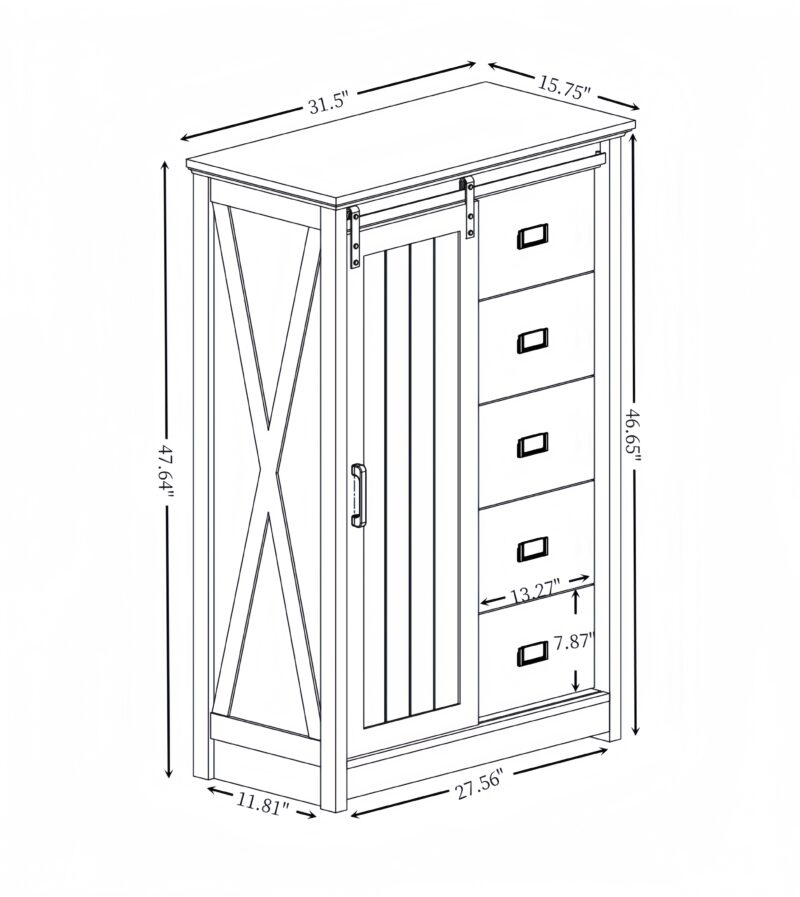 5 Drawers Dresser w/Sliding Barn Door, Farmhouse Modern Tall Dresser 5 Chest of Drawers, Storage Organizer Dresser for Bedroom, Hallway, Living Room, Kids Room WHITE - Image 9