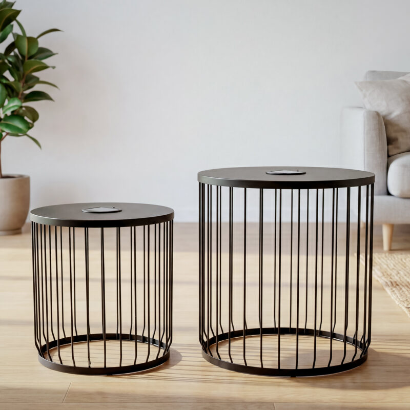 2-Pack Solar Powered Nesting Side Table Set, Modern Round End Tables with Solar LED Lights, Metal Wire Cage Accent Tables, Indoor/Outdoor Patio Nightstand for Living Room, Balcony, Garden, Matte Black - Image 3